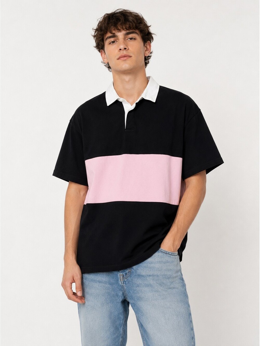 ASOS Black Pink Colorblock Rugby Polo Shirt Men's Medium 100% Cotton